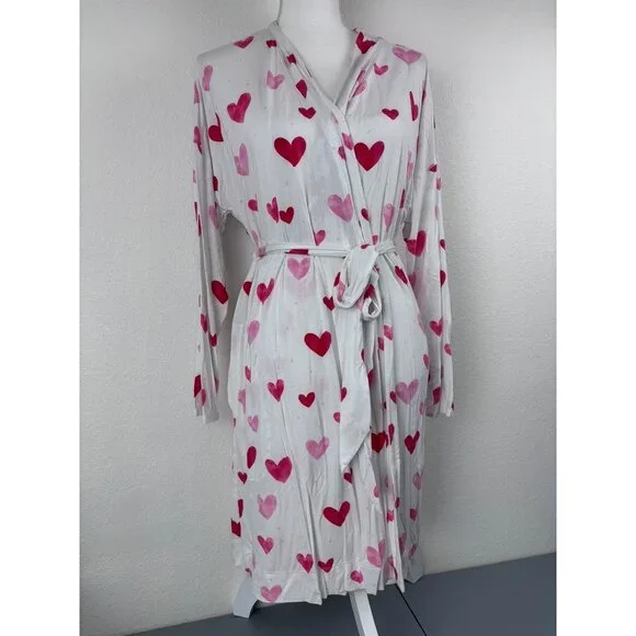 Soma women's large white pink heart print mid length cool nights robe loungewear - Picture 2 of 9